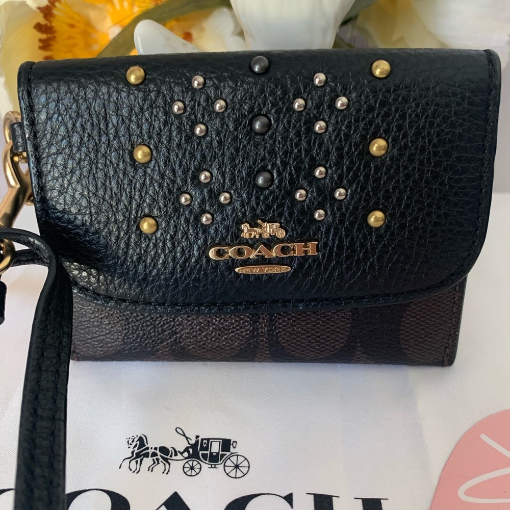 Coach Black and Brown Wristlet with Gold Accents